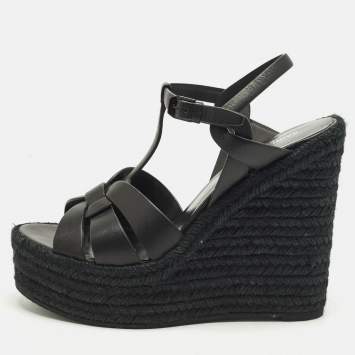 مملوكة مسبقًا Saint Laurent Tribute Size 39.5 Black Leather Espadrille Wedge Sandals