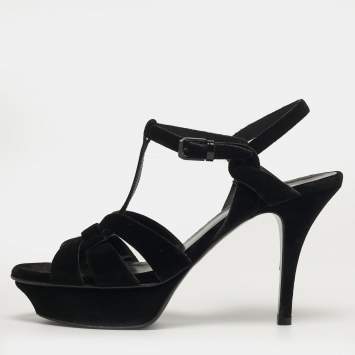 مملوكة مسبقًا Saint Laurent Tribute Size 38 Black Velvet Platform Sandals