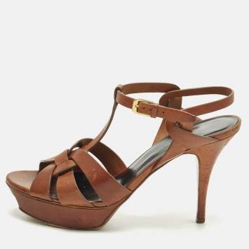 Pre Owned Saint Laurent Paris Tribute Size 41 Brown Leather Ankle Strap Sandals