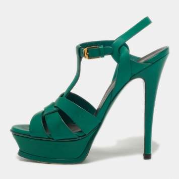 Pre Owned Saint Laurent Tribute Size 37.5 Green Leather Platform Sandals