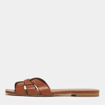 Pre Owned Saint Laurent Tribute Size 37 Brown Leather Flat Slides 