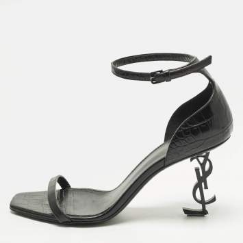 Pre Owned Saint Laurent Opyum Size 39.5 Black Croc Embossed Leather Ankle Strap Sandals
