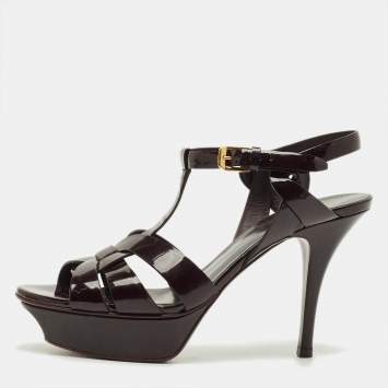 Pre Owned صندل سان لوران منصة تريبيوت جلد برغندي لامع مقاس 37.5