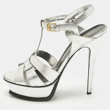 Pre Owned Saint Laurent Tribute Size 37 Silver Leather Platform Sandals