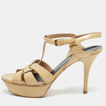 Pre Owned Saint Laurent Tribute Size 38 Beige Patent Leather Platform Sandals