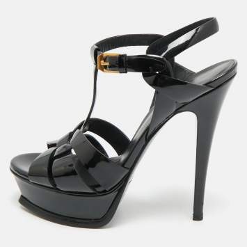 مملوكة مسبقًا صندل سان لوران منصة جلد أسود لامع مقاس 39