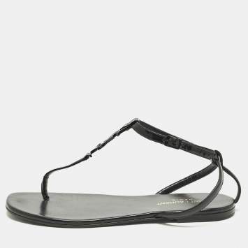 Pre Owned صندل سان لوران كاساندرا مسطح جلد أسود وجلد لامع مقاس 37