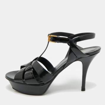 Pre Owned Saint Laurent Tribute Size 38.5 Black Patent Leather Ankle Strap Sandals