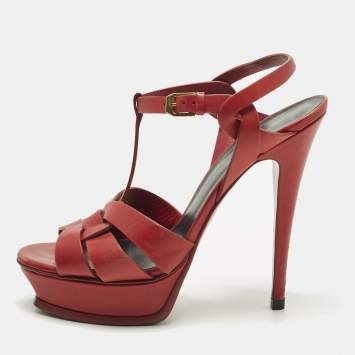 Pre Owned Saint Laurent Tribute Size 39 Red Leather Ankle Strap Sandals