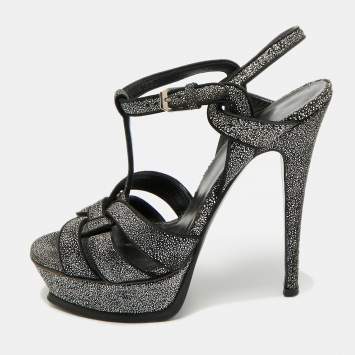 Pre Owned Saint Laurent  Tribute Size 39 Black/Silver Glitter Suede Platform Sandals