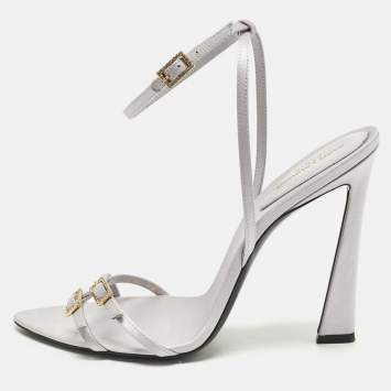 Pre Owned Saint Laurent lila110 Size 39.5 Grey Satin Ankle Strap Sandals