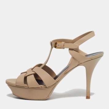 Pre Owned Saint Laurent Tribute Size 37 Beige Leather Platform Sandals