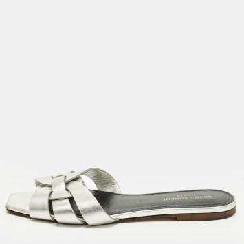 Pre Owned Saint Laurent Tribute Size 39 Silver Leather Flat Slide