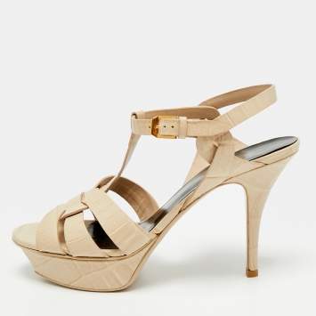 Pre Owned Saint Laurent Paris Tribute Size 38.5 Beige Croc Embossed Leather Ankle Strap Sandals