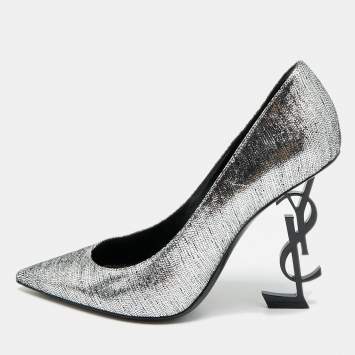 Pre Owned Saint Laurent Opyum Size 39 Silver Texture Suede Pumps