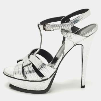 Pre Owned Saint Laurent Tribute Size 39 Silver Lizard Embossed Leather Ankle Strap Sandals