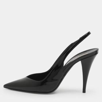 Pre Owned حذاء كعب عالي سان لوران جلد لامع أسود برباط للكاحل مقاس 37