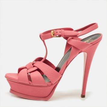 Pre Owned صندل سان لوران تريبيوت جلد وردي منصة مقاس 37.5