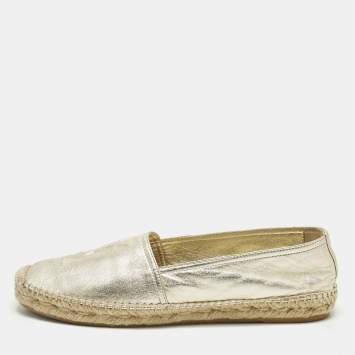 Pre Owned Saint Laurent Cassandre Size 38 Gold Leather Espadrille Flats