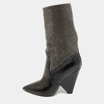 Pre Owned Saint Laurent Size 36 Black Leather and Mesh  Crystal Embellished Ankle Length Boots