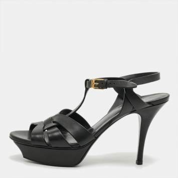 مملوكة مسبقًا صندل سان لوران باريس "تريبوت" منصة جلد لامع أسود مقاس 38.5