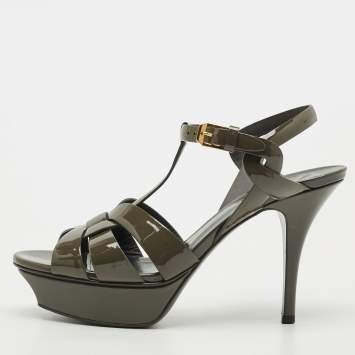 Pre Owned Saint Laurent Tribute Size 37 Grey Patent Leather Platform Sandals