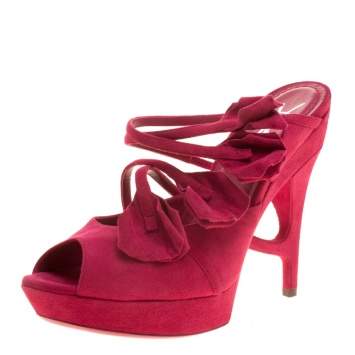 Pre Owned Saint Laurent Paris Magenta Suede Rose Petal Detail Peep Toe Platform Sandals Size 38.5