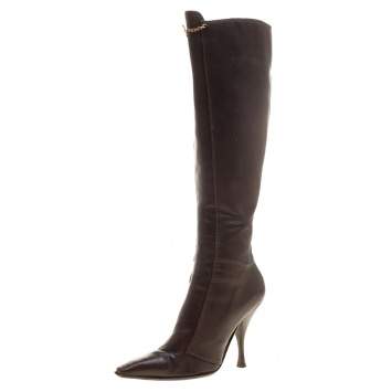 Pre Owned Saint Laurent Paris Brown Leather Knee Length Boots Size 38.5