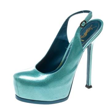Pre Owned Saint Laurent Paris Light Blue Textured Patent Leather Tribtoo Platform Slingback Sandals Size 38.5