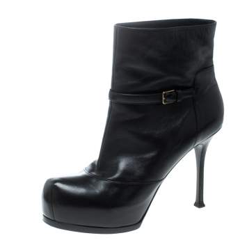 Pre Owned Saint Laurent Paris Black Leather Platform Ankle Boots Size 40.5