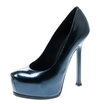 Pre Owned Saint Laurent Paris Blue Textured Patent Leather Tribtoo Platform Pumps Size 36