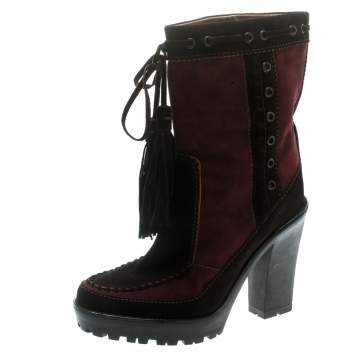 Pre Owned Saint Laurent Paris Brown/Burgundy Suede Tassel Detail Calf Boot Shoes Size 40.5