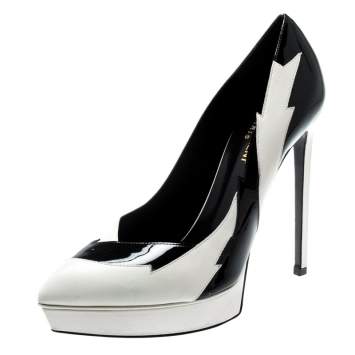 Pre Owned Saint Laurent Paris Monochrome Leather Janis Lightning Splash Pointed Toe Platform Pumps Size 39