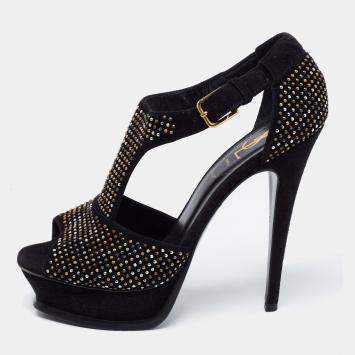 Saint Laurent Paris Black Studded Suede T-Strap Peep Toe Platform Sandals Size 38.5