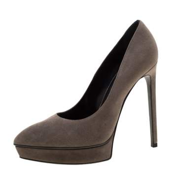 Pre Owned Saint Laurent Paris Grey Leather Platform Pumps 38