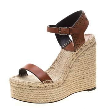 Pre Owned Saint Laurent Paris Brown Studded Leather Espadrille Wedge Platform Sandals 36.5