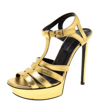 Pre Owned Saint Laurent Paris Metallic Gold Leather Strappy Platform Sandals Size 38