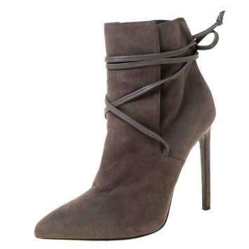 Pre Owned Saint Laurent Paris Grey Suede Pointed Toe Wrap Ankle Boots Size 39