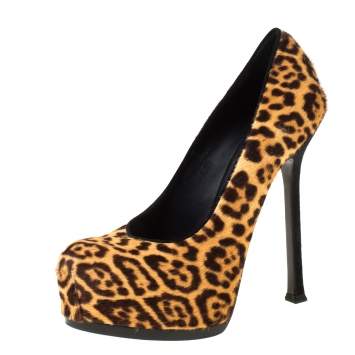 Pre Owned Saint Laurent Paris Brown Leopard Print Calf Hair Tribtoo Platform Pumps Size 37