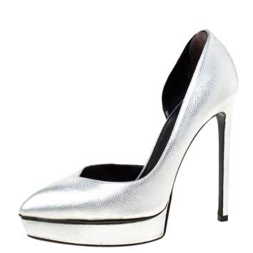 Pre Owned Saint Laurent Paris Silver Leather Janis 105 D'Orsay Pumps Size 37.5