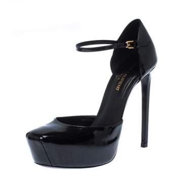 Pre Owned Saint Lauren Black Patent Leather Platform Ankle Pumps Size 38