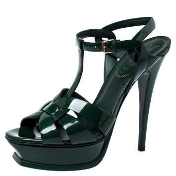 Pre Owned Yves Saint Laurent Green Patent Leather Tribute Sandals Size 39