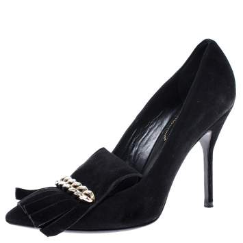 Pre Owned Saint Laurent Paris Black Suede Opyum Fringe Chain Detail Pointed Toe Pumps Size 38.5
