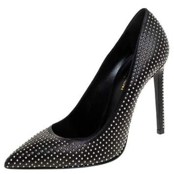 Pre Owned Saint Laurent Paris Black Leather Studded Pointed Toe Pumps Size 39