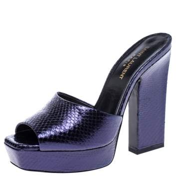 Pre Owned Saint Laurent Paris Purple Python Embossed Leather Platform Sandals Size 38