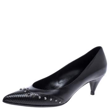 Pre Owned Saint Laurent Paris Black Leather and Lizard Embossed Trim Studded Pointed Toe Pumps Size 40