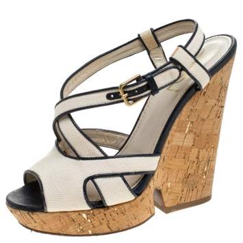 Pre Owned Yves Saint Laurent White/Blue Canvas Deauville Cork Wedge Slingback Sandals Size 39