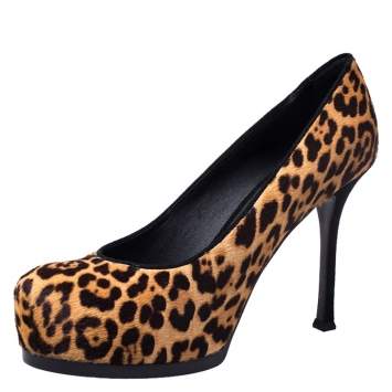 Pre Owned Saint Laurent Paris Orange/Brown Leopard Ponyhair Tribtoo Pumps Size 38