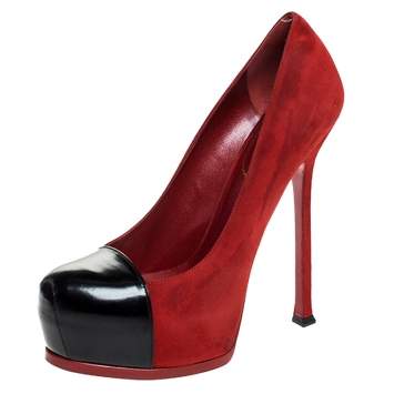 Pre Owned Saint Laurent Paris Red/Black Suede And Leather Tribtoo Platform Pumps Size 39.5