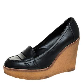 Pre Owned Saint Laurent Paris Black Leather Wedge Platform Loafer Pumps Size 39
